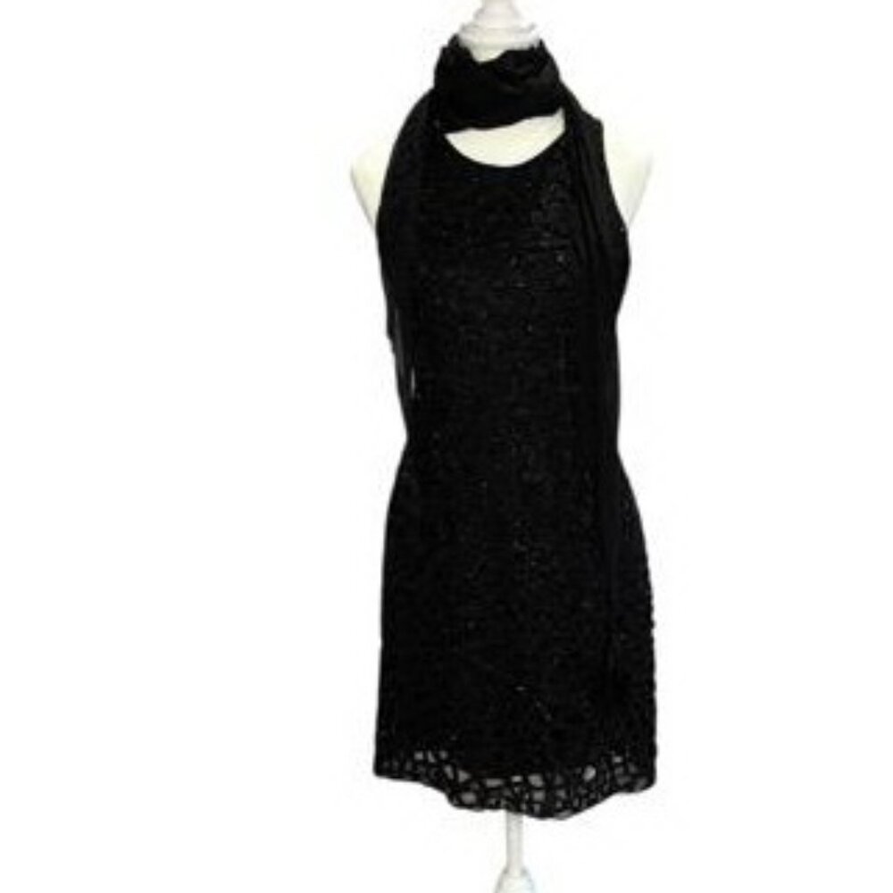 Sani Black Beaded Cocktail Dress with Fringe Chiffon Scarf